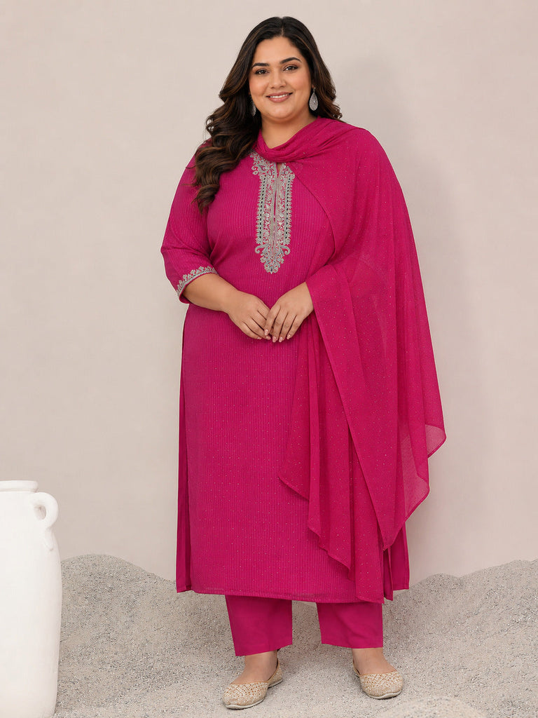 Plus Size Pink Yoke Deisgn Silk Blend Straight Suit With Dupatta