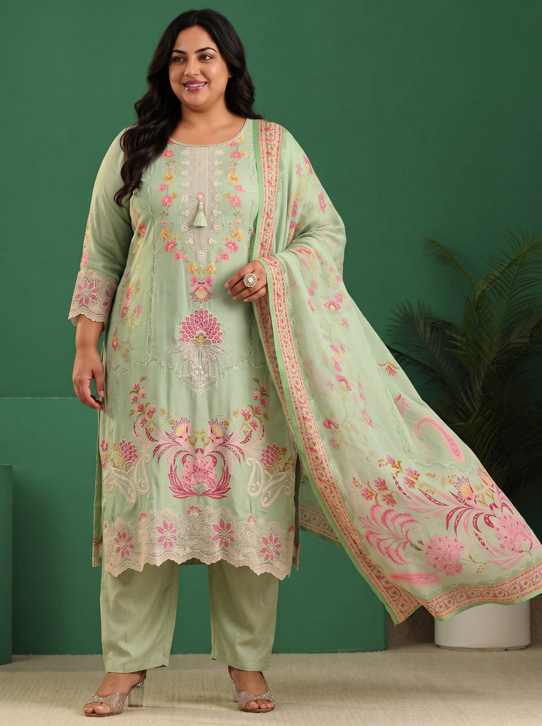 Plus Size Pista Green Floral Embroidered Crepe Straight Suit Set