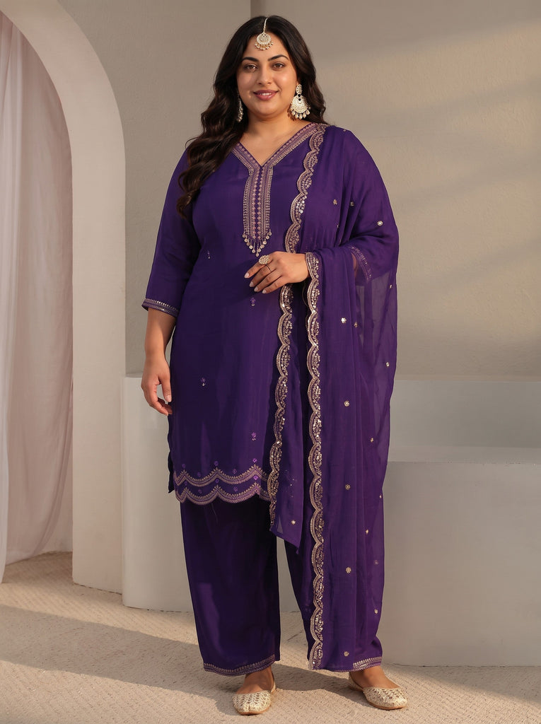 Plus Size Purple Embroidered Chanderi Silk Straight Suit Set With Dupatta