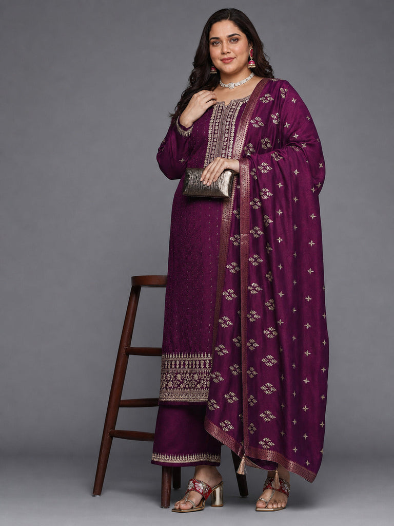 Plus Size Purple Embroidered Silk Blend Pakistani Suit