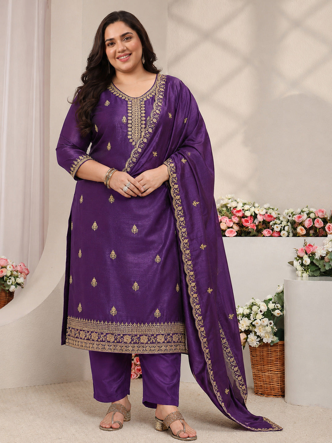 libas Plus Size Purple Ethnic Motifs Embroidered Silk Blend Straight Suit Set With Dupatta-picture-61