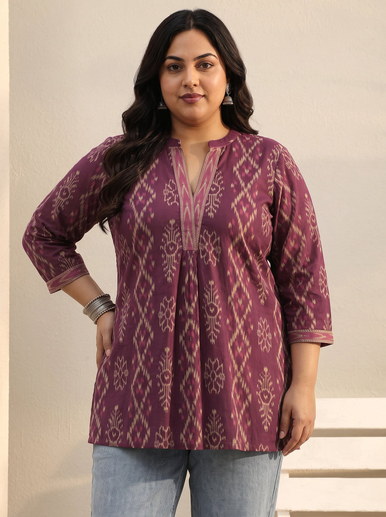 Plus Size Purple Ethnic Printed Cotton A-Line Short Kurti