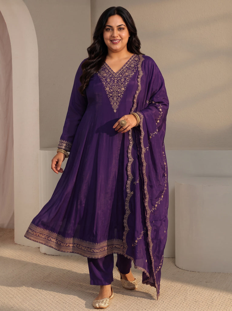 Plus Size Purple Floral Embroidered Chanderi Silk A-Line Suit Set With Dupatta