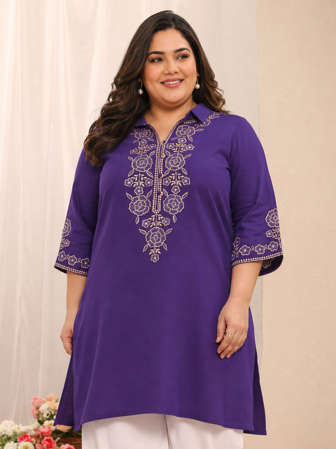  Plus Size Purple Floral Embroidered Cotton Straight Short Kurti 