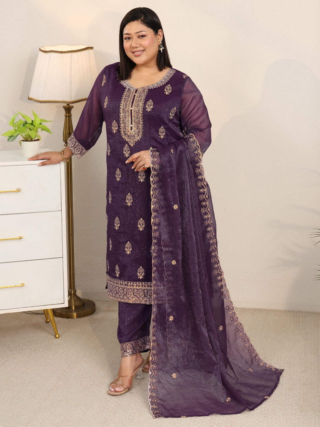  Plus Size Purple Floral Printed Chinon Straight Suit Set 