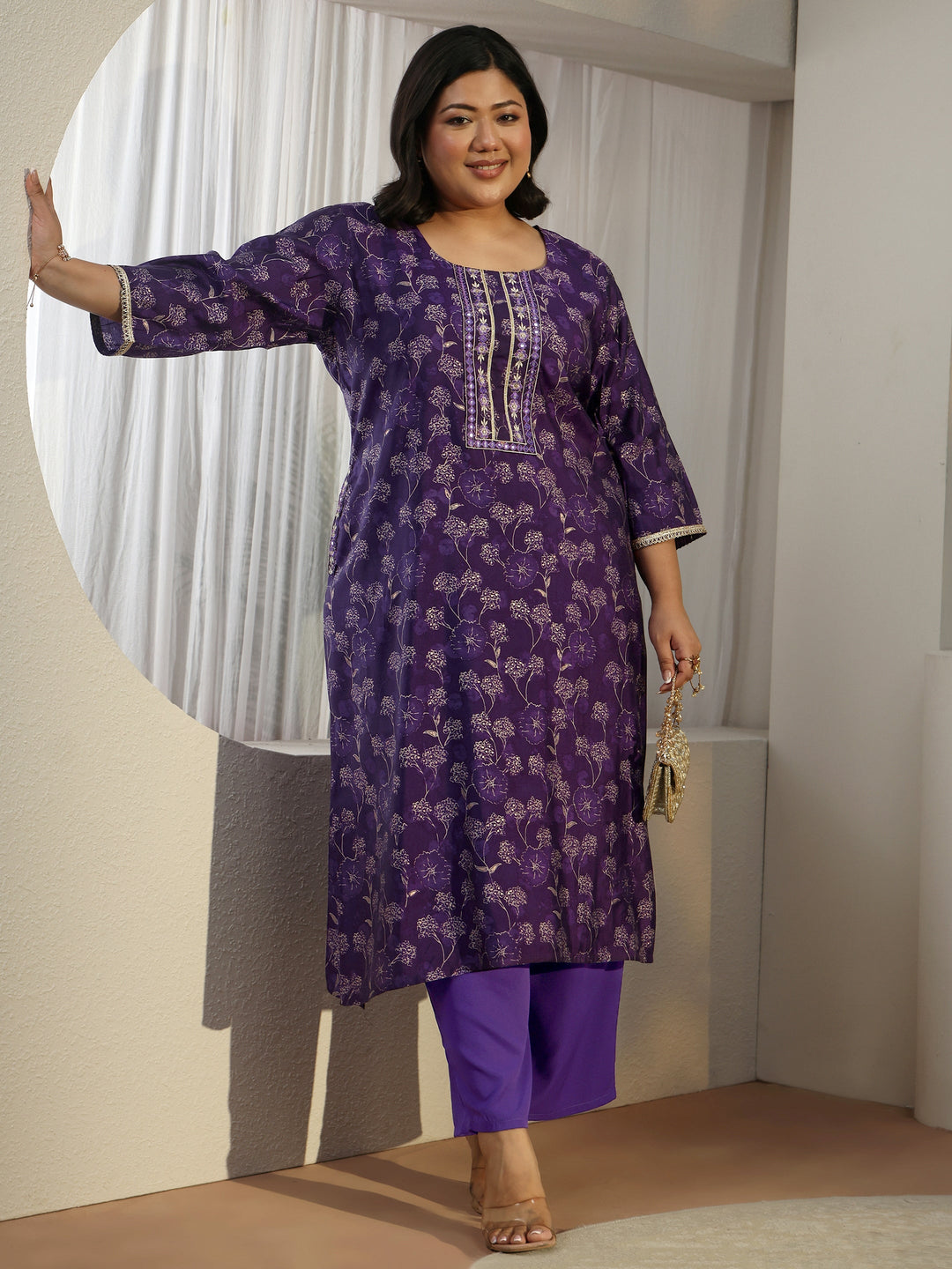  Plus Size Purple Floral Printed Silk Blend Straight Kurta Set 