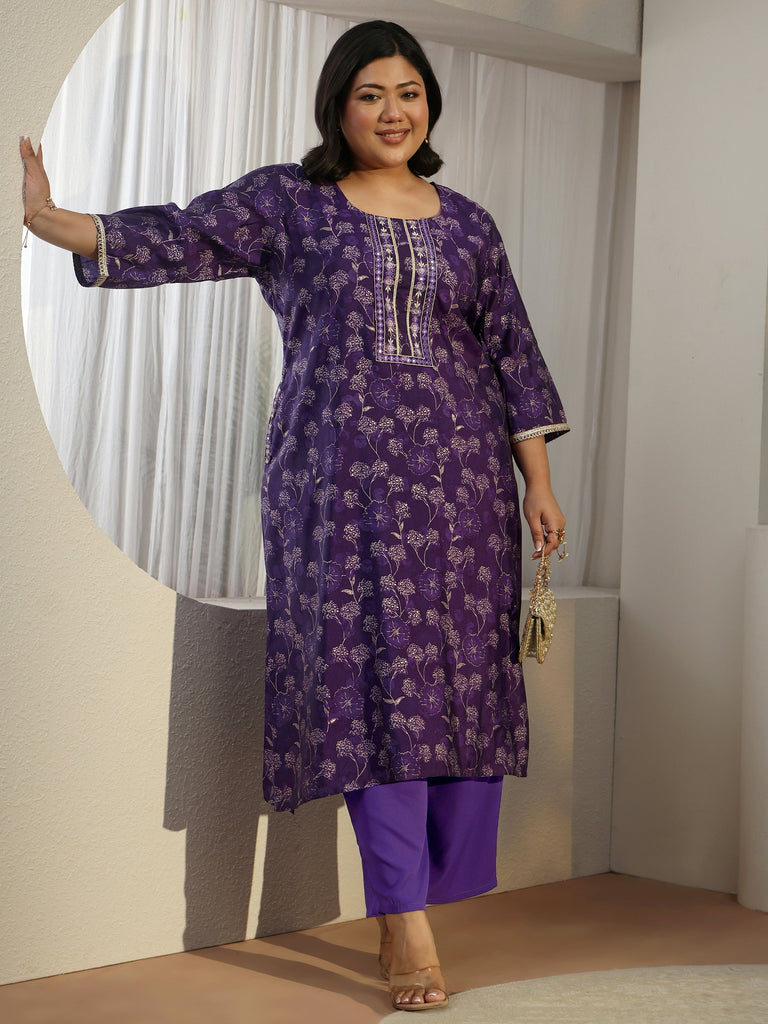 Plus Size Purple Floral Printed Silk Blend Straight Kurta Set