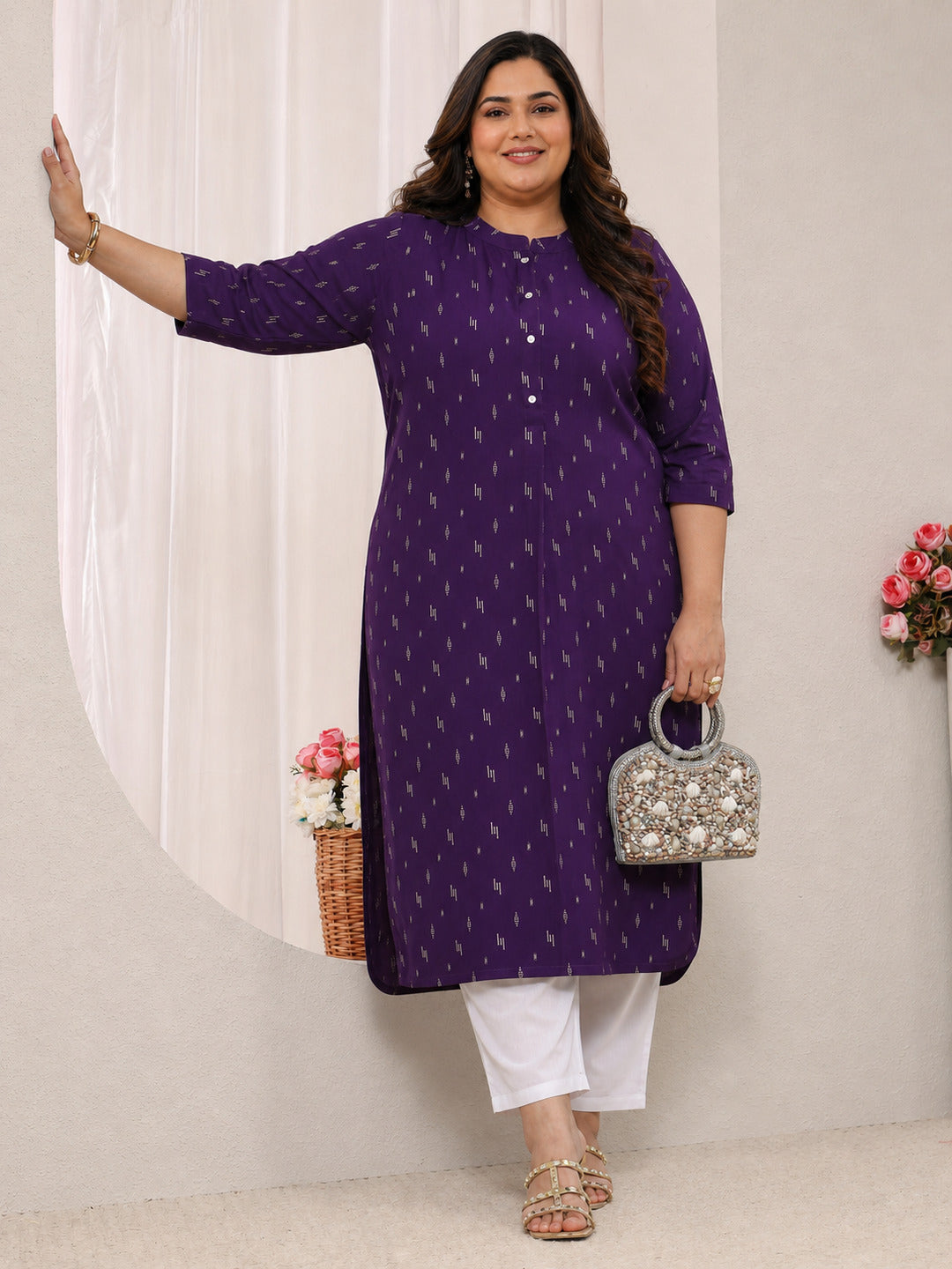  Plus Size Purple Mandarin Collar Embroidered Rayon Straight Kurta 