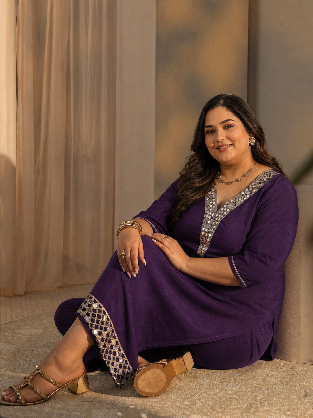 libas Plus Size Purple Mirror Work Yoke Design Silk Blend Straight Kurta Set-picture-17