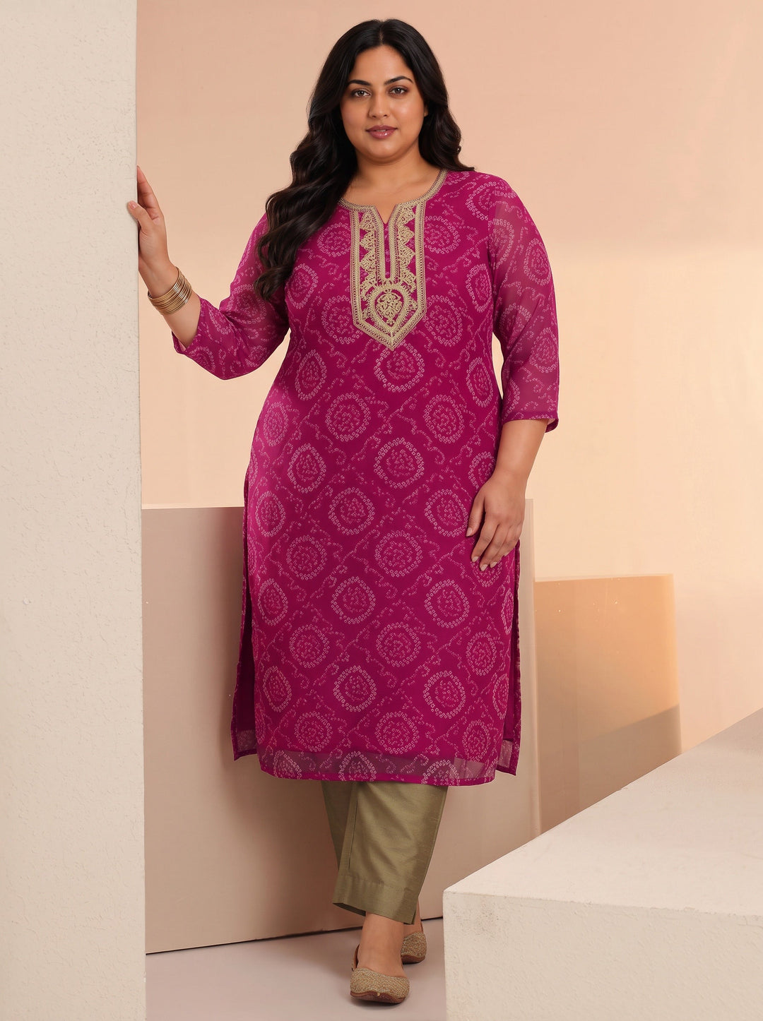 Plus Size Rani Pink Bandhani Printed Chiffon Straight Kurta
