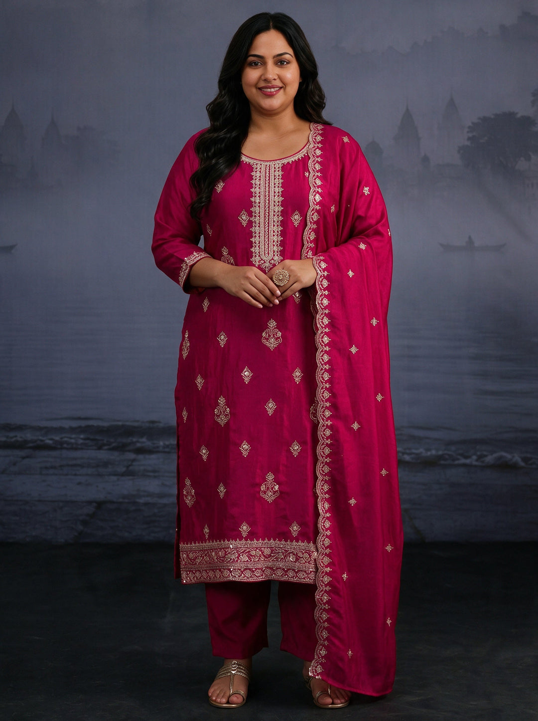 Plus Size Rani Pink Embroidered Silk Blend Straight Suit Set