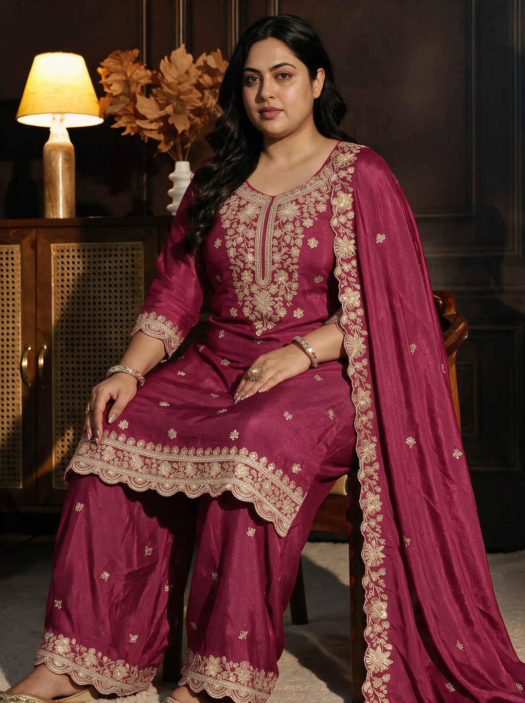 Plus Size Rani Pink Floral Embroidered Chinon Palazzo Suit Set