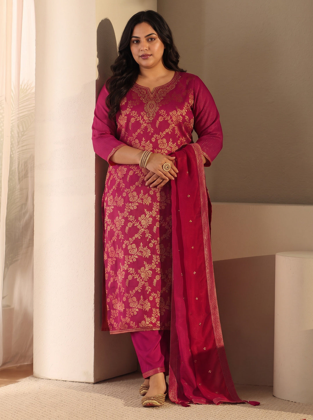  Plus Size Rani Pink Floral Embroidered Silk Blend Straight Suit Set 