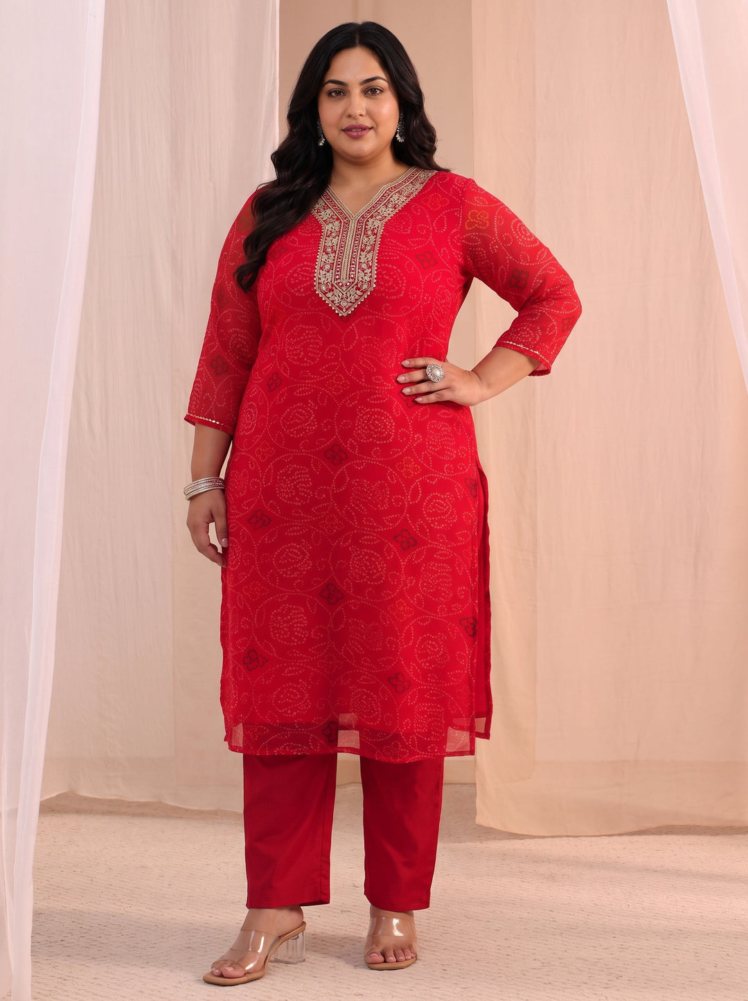 Plus Size Red Bandhani Printed Chiffon Straight Kurta