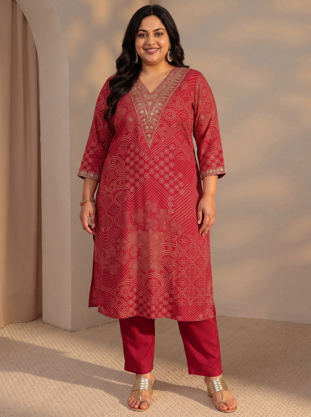  Plus Size Red Bandhani Printed Silk Blend Straight Kurta 