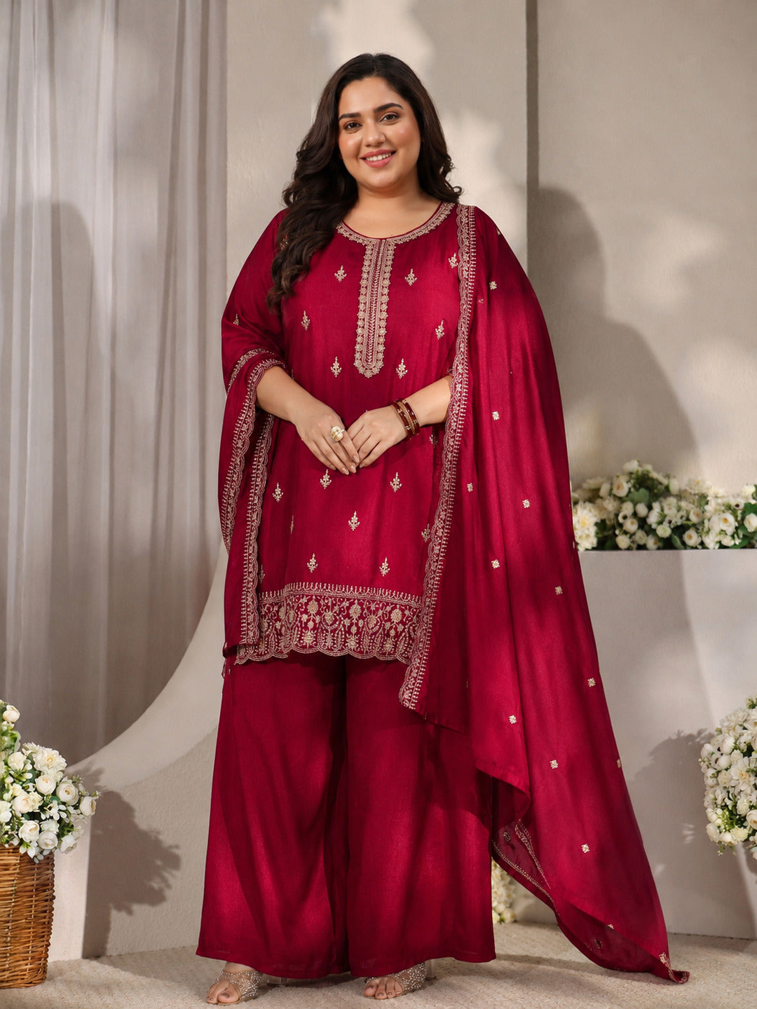  Plus Size Red Embroidered Silk Blend Straight Suit Set With Dupatta 