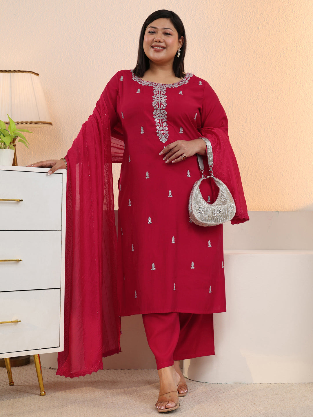  Plus Size Red Embroidered Silk Blend Straight Suit With Dupatta-color issue 