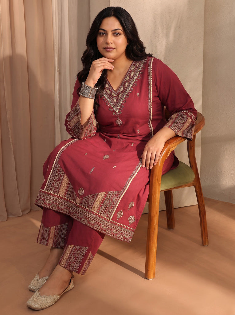 Plus Size Red Ethnic Motifs Embroidered Cotton Blend Straight Kurta Set