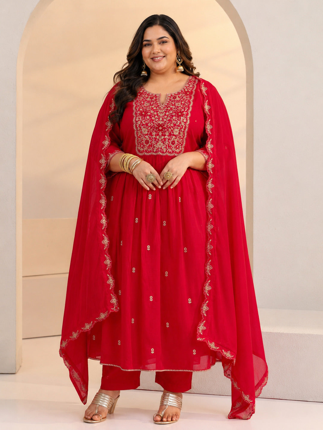  Plus Size Red Floral Embellished Chanderi Cotton A-Line Suit Set 