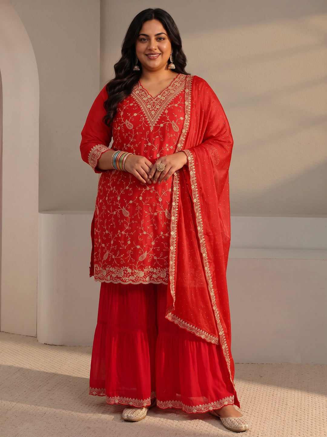  Plus Size Red Floral Embroidered Chinon Sharara Suit Set With Dupatta 