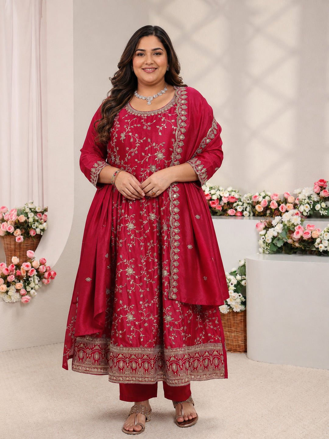  Plus Size Red Floral Embroidered Silk Blend Anarkali Suit Set With Dupatta 