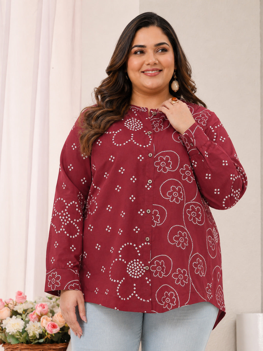  Plus Size Red Floral Printed Cotton Shirt 
