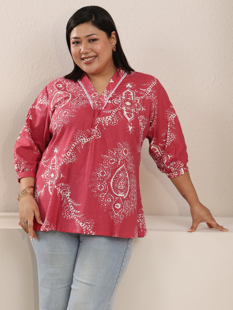 Plus Size Red Floral Printed Cotton Straight Short Kurti