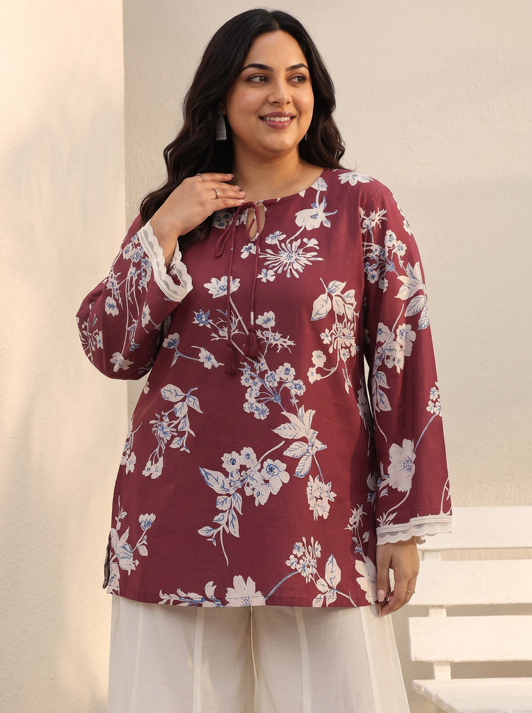 Plus Size Red Floral Printed Cotton Tie-Up Straight Short Kurti