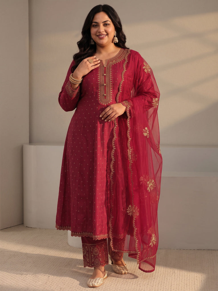 Plus Size Red Woven Design Silk Blend A-Line Suit Set With Dupatta