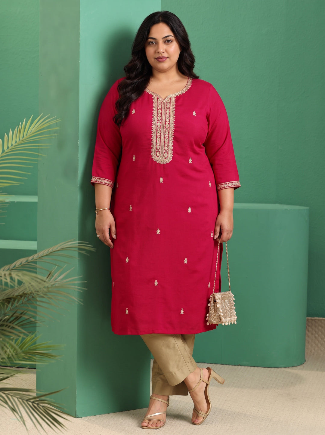 Plus Size Rose Red Yoke Embroidered Silk Blend Straight Kurta