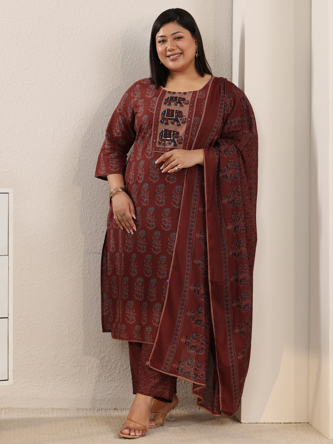  Plus Size Rust Brown Ajrakh-Inspired Cotton Straight Suit Set 