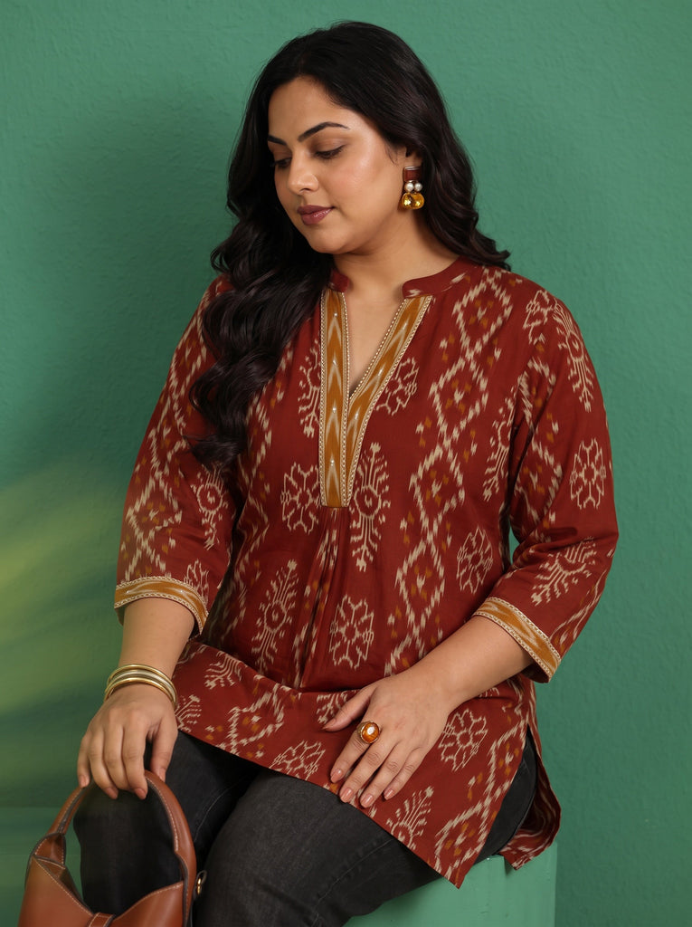 Plus Size Rust Brown Printed Cotton Short Kurti