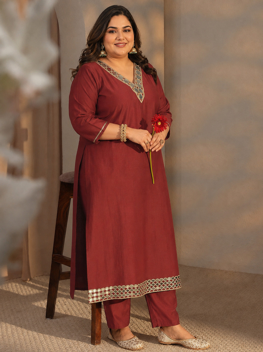 libas Plus Size Rust Embellished Silk Blend Straight Kurta Set-picture-62