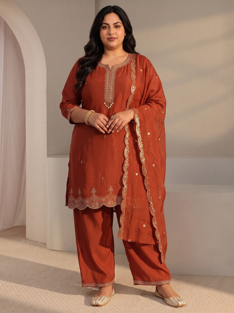 Plus Size Rust Embroidered Chanderi Silk Straight Suit Set With Dupatta