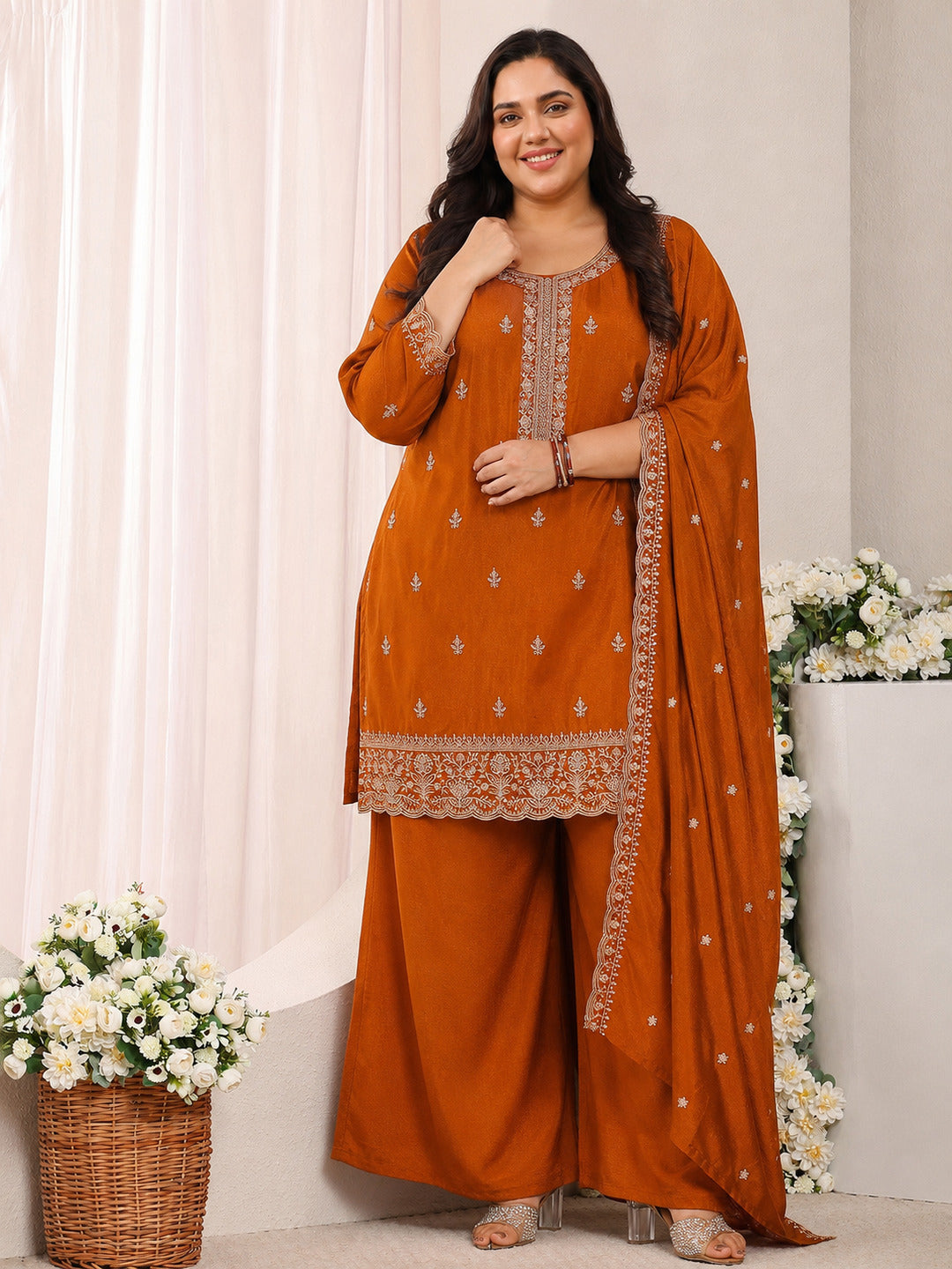 Plus Size Rust Embroidered Silk Blend Straight Suit Set With Dupatta-image-42