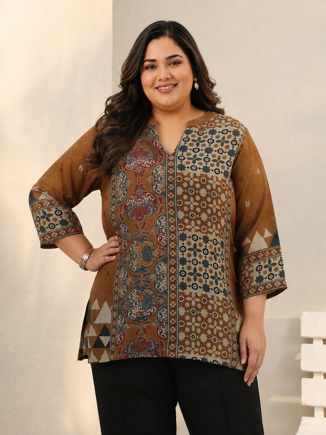  Plus Size Rust Ethnic Printed Silk Blend Straight Short Kurti 