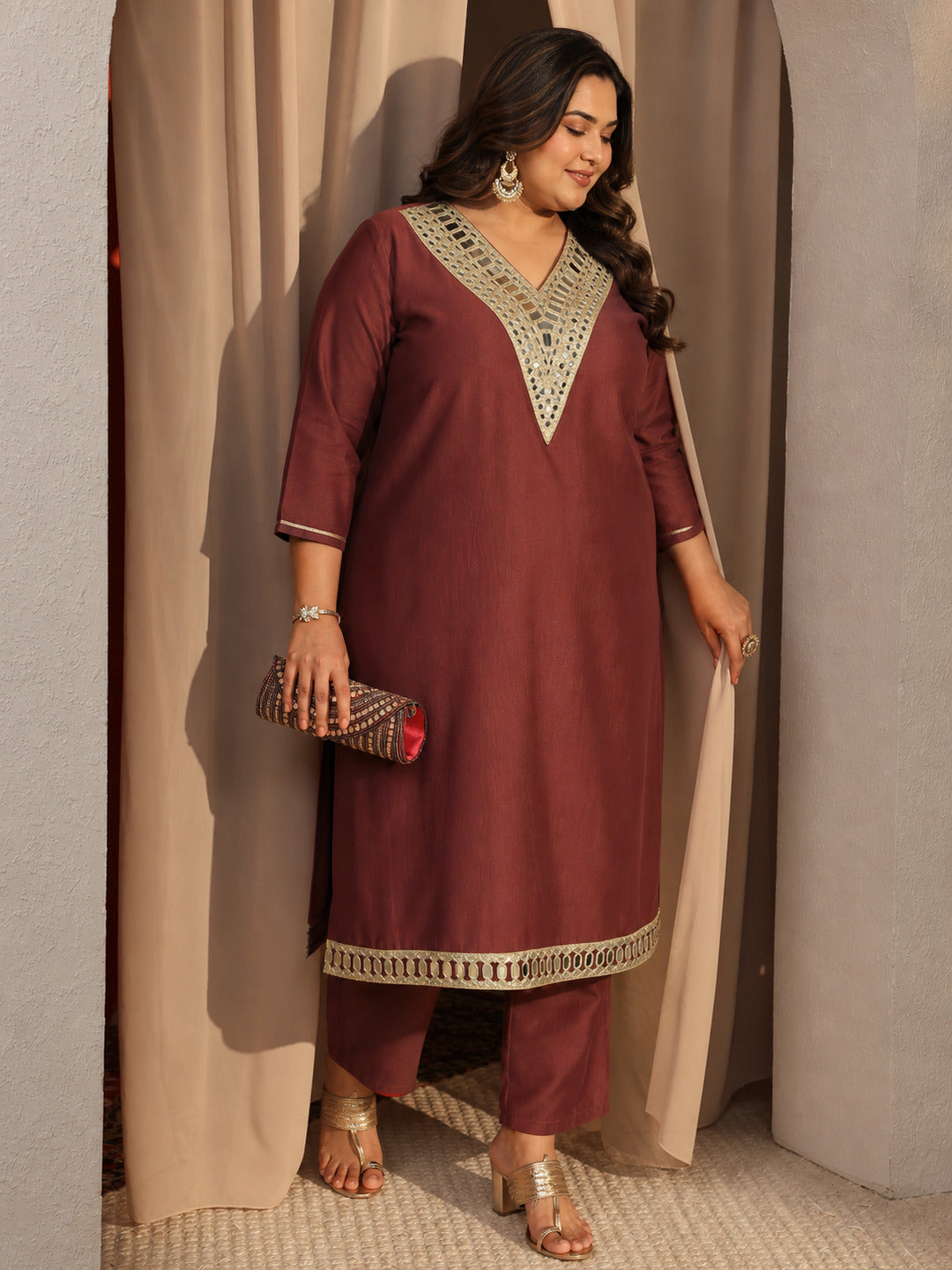 libas Plus Size Rust Mirror Work Yoke Design Silk Blend Straight Kurta Set-picture-67