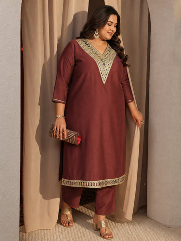 Plus Size Rust Mirror Work Yoke Design Silk Blend Straight Kurta Set