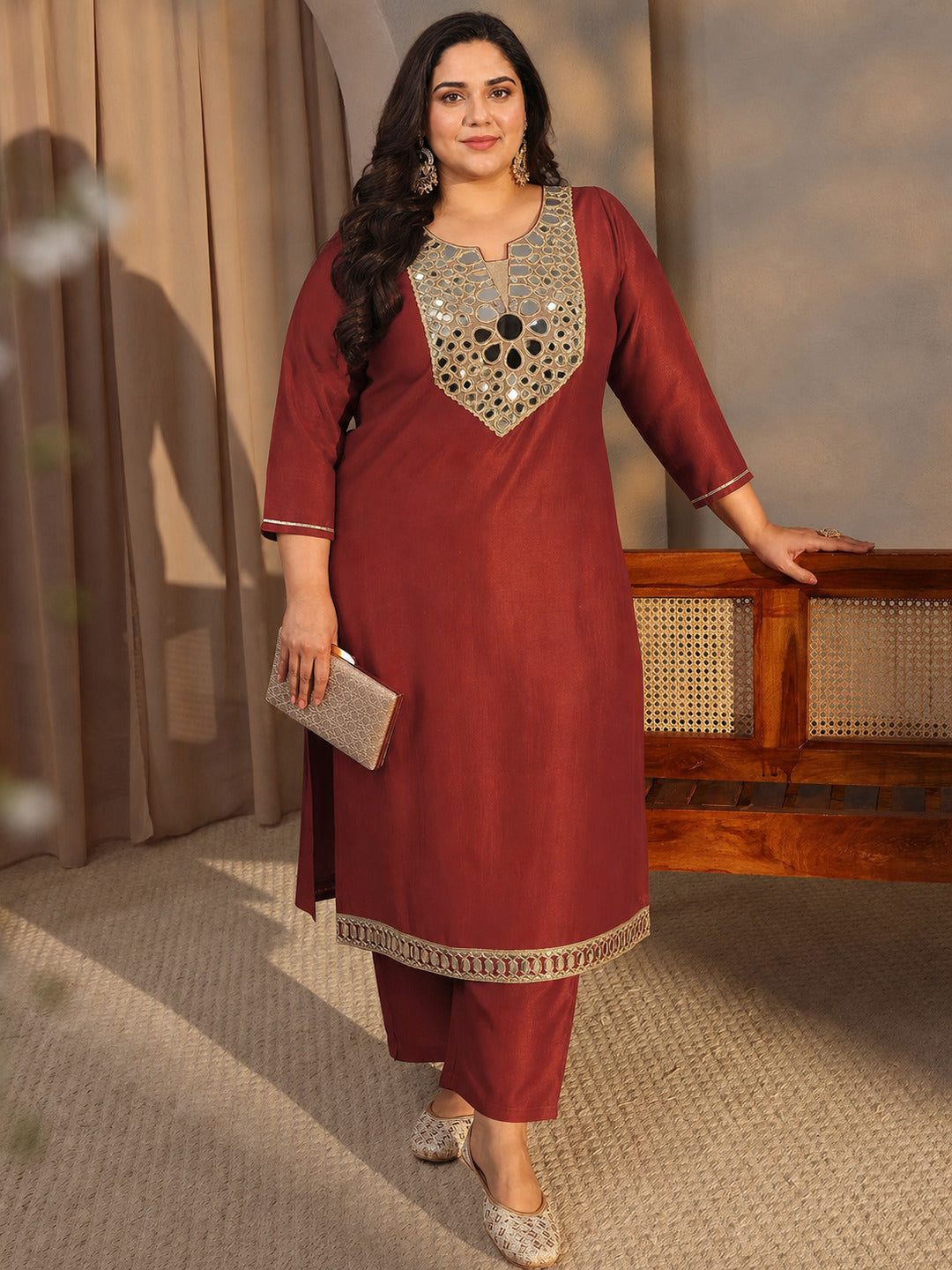 libas Plus Size Rust Mirror Work Yoke Design Silk Blend Straight Kurta Set-picture-56