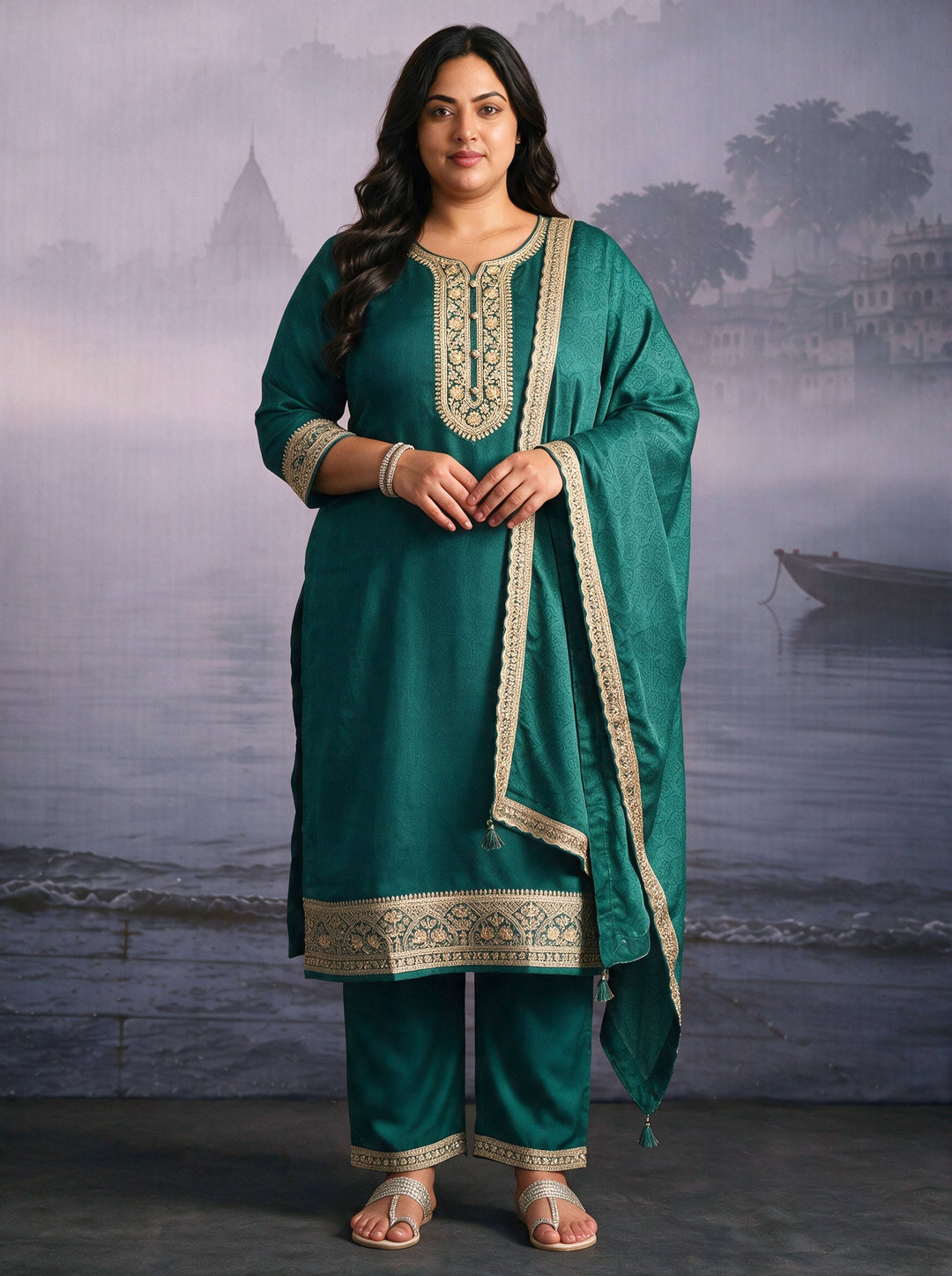 Plus Size Sea Green Yoke Design Chinon Straight Suit Set