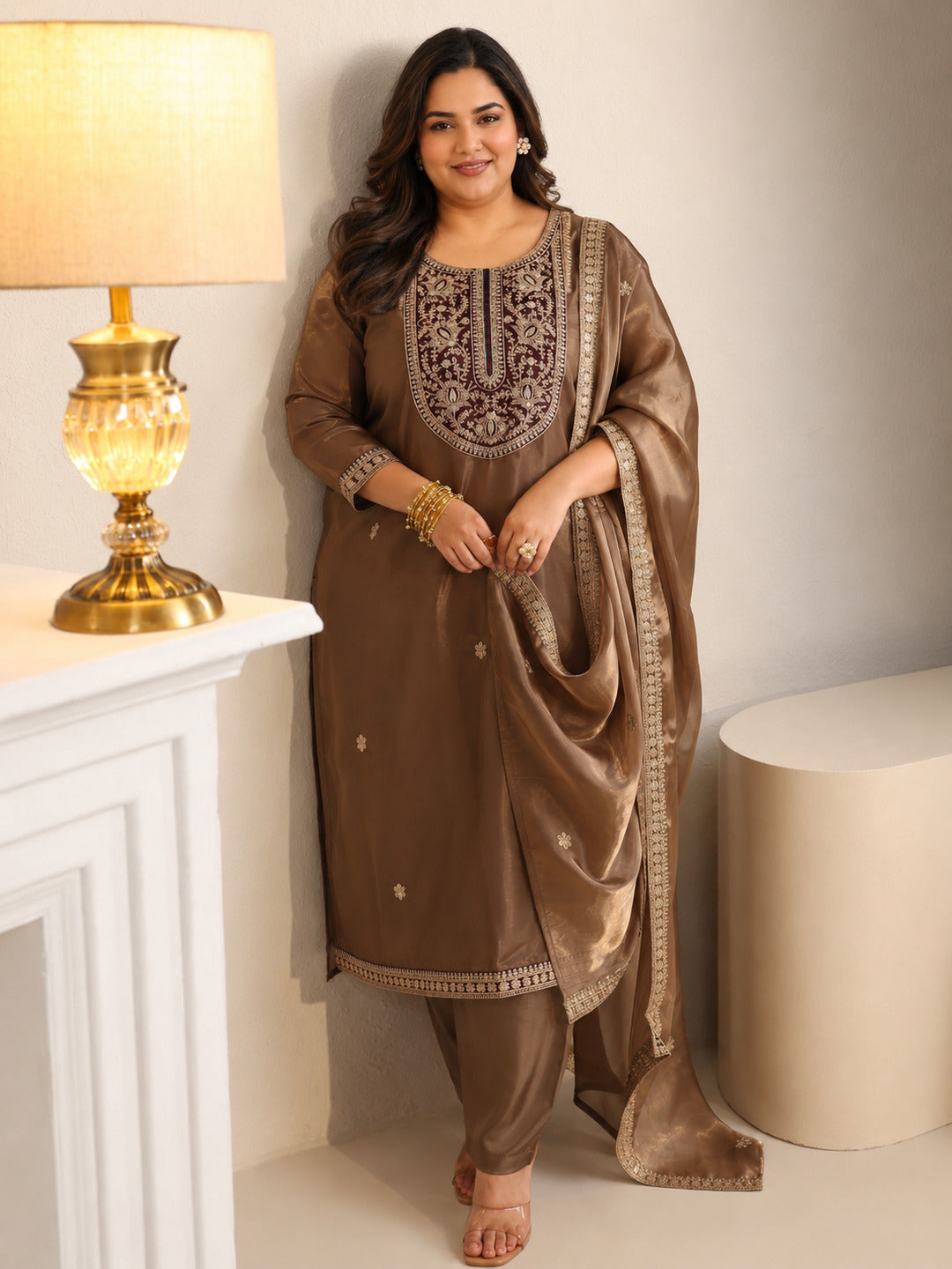  Plus Size Taupe Tissue Straight Suit Set with Embellished Yoke 