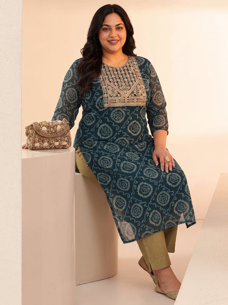 Plus Size Teal Blue Bandhani Printed Chiffon Straight Kurta