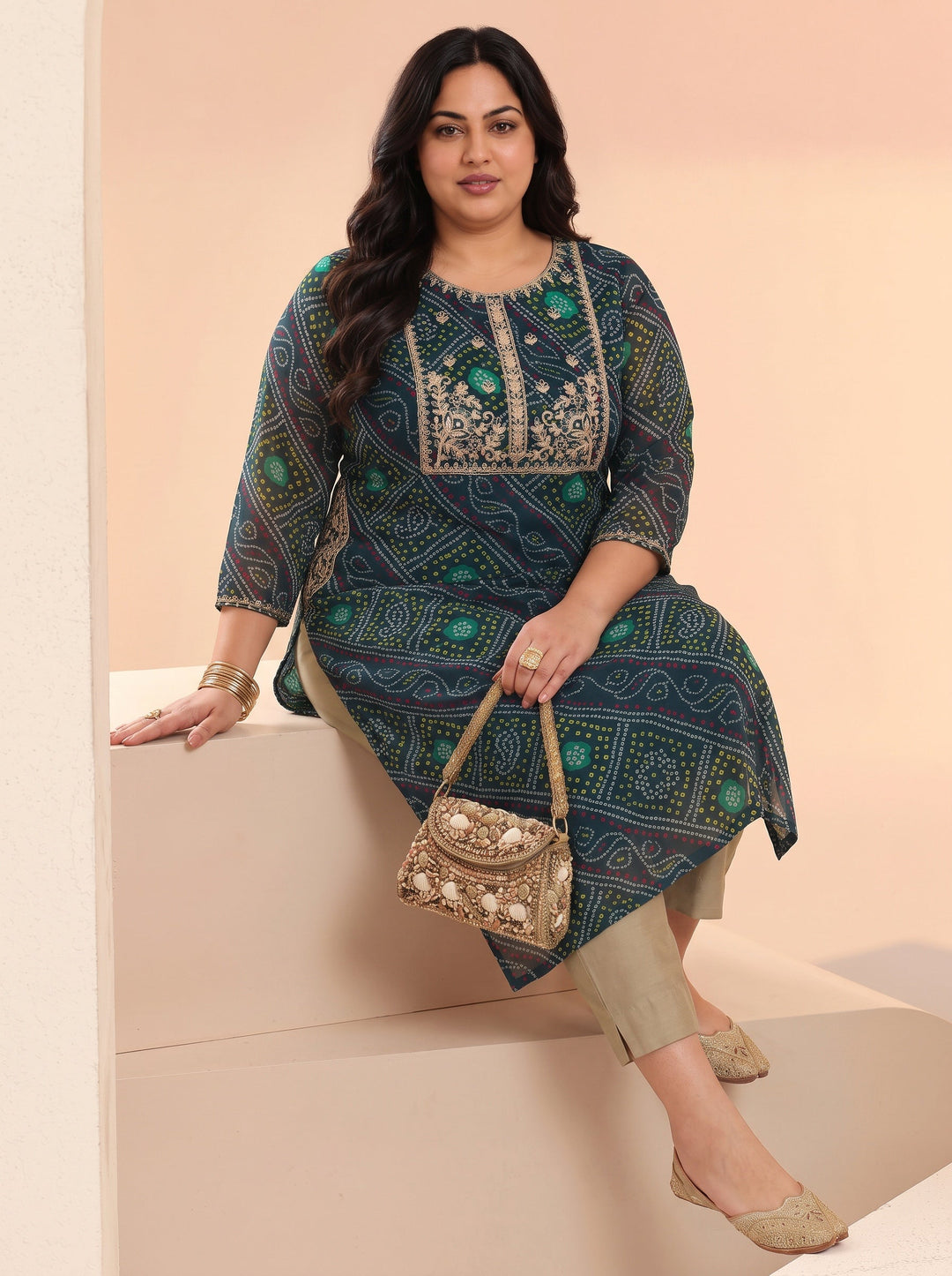 Plus Size Teal Blue Bandhani Printed Chiffon Straight Kurta