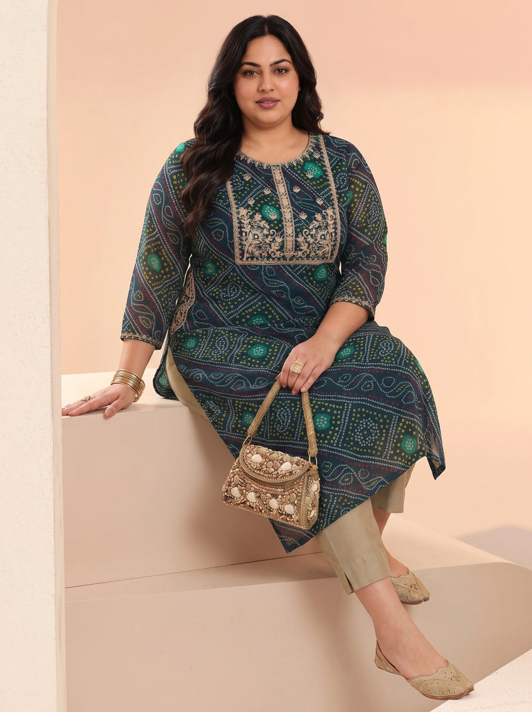 Plus Size Teal Blue Bandhani Printed Chiffon Straight Kurta