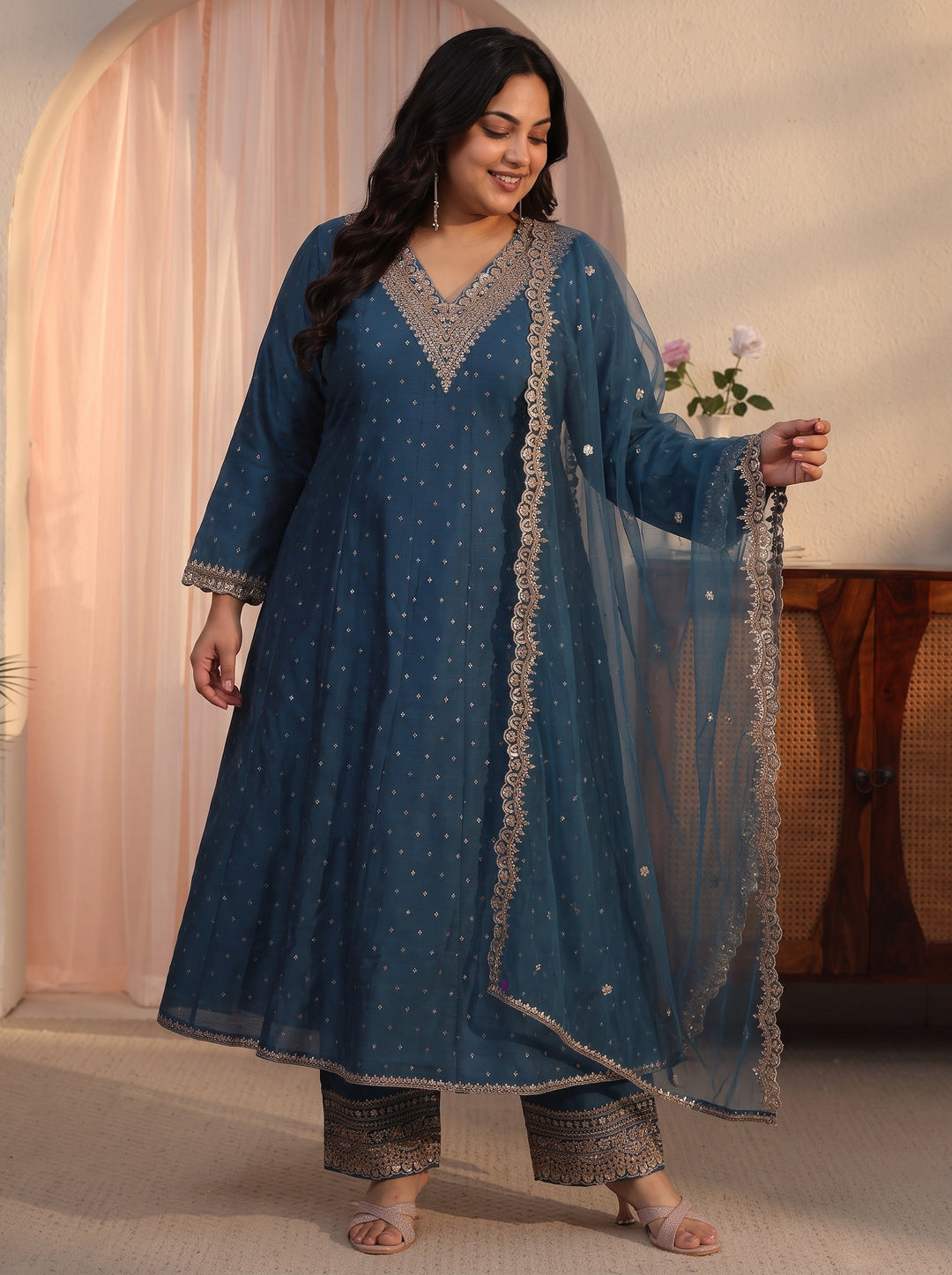  Plus Size Teal Blue Ethnic Embroidered Silk Blend A-Line Suit Set 
