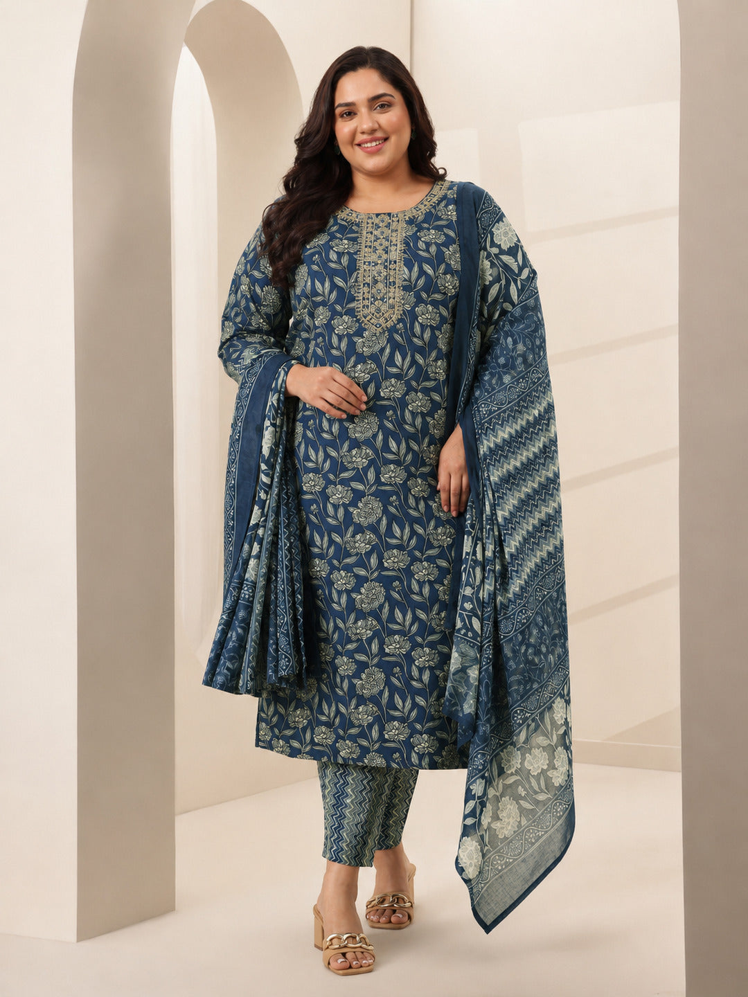 libas Plus Size Teal Blue Printed Cotton Blend Straight Suit Sets With Dupatta-picture-17