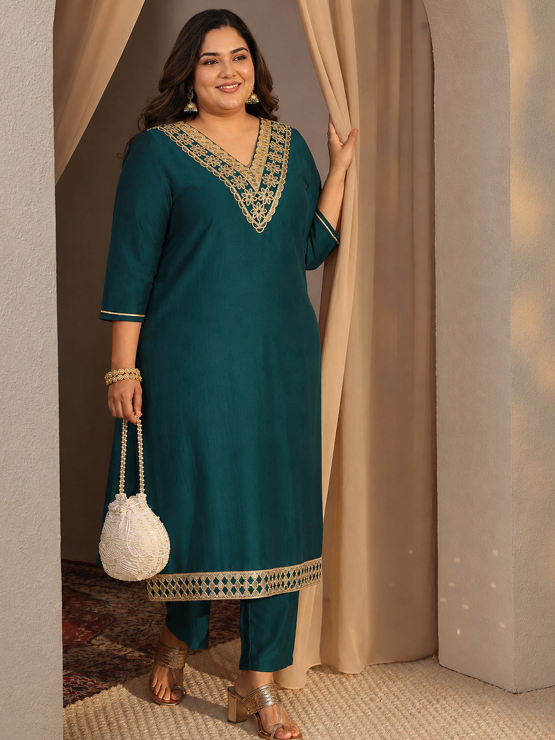 libas Plus Size Teal Embroidered Silk Blend Straight Kurta Set-picture-58