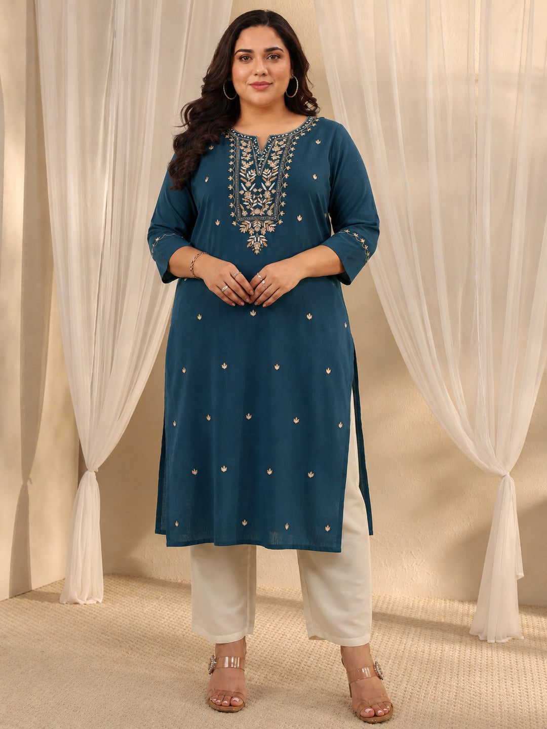 libas Plus Size Teal Ethnic Motif Embroidered Cotton Straight Kurta-picture-42