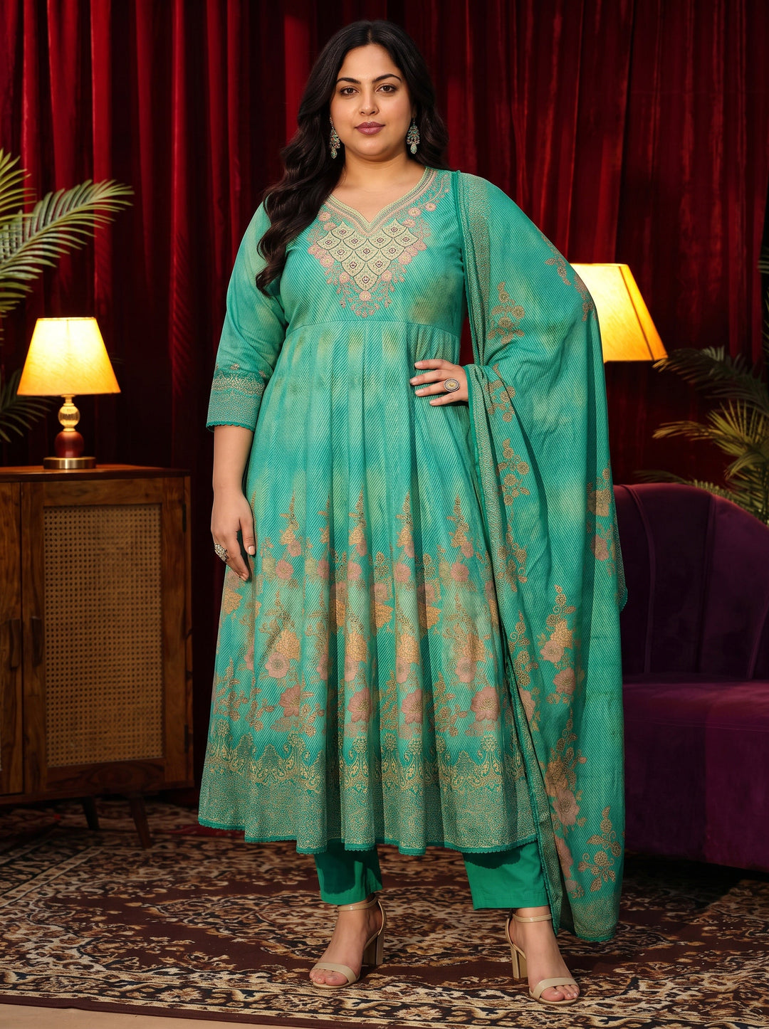 Plus Size Teal Green Floral Printed Cotton Anarkali Suit Set