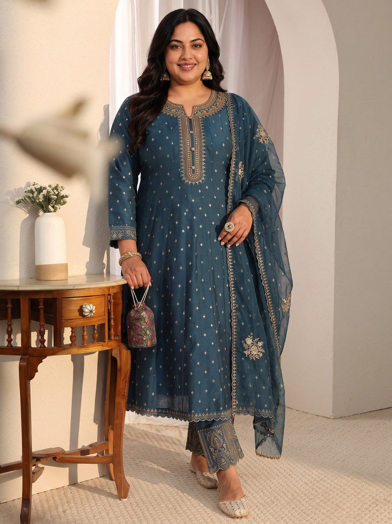Plus Size Teal Woven Design Silk Blend A-Line Suit Set With Dupatta